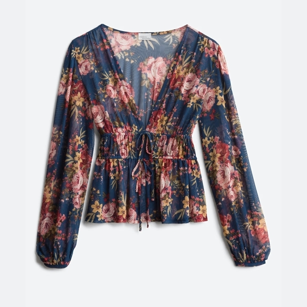 Madison & Berkeley Floral V-Neck Blouse - Blue and Pink - Picture 1 of 1